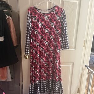 Mixed Print Long Sleeve Midi Dress - Pink/Black